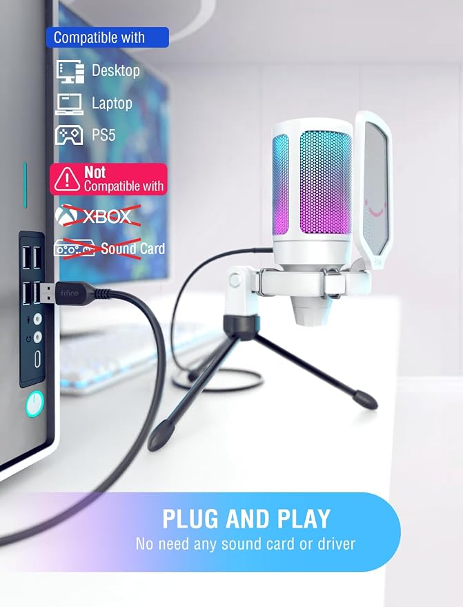 FIFINE AmpliGame A6VW Condenser USB Desktop Microphone for Gaming PC/PS5 | RGB Indicator, Gain Control, Quick Mute, Tripod Stand, Pop Filter, for Mac/Windows Streaming Discord Twitch Podcasts YouTube - Image 5