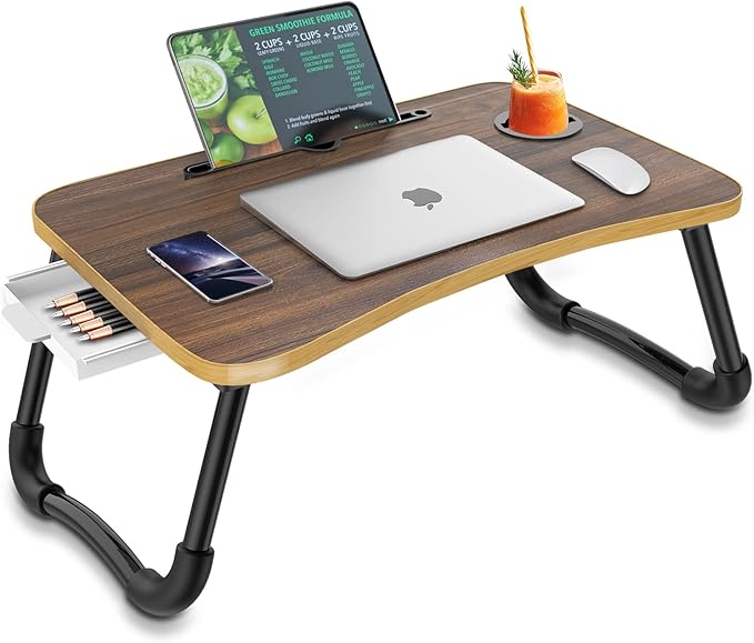 Zapuno Foldable Laptop Bed Table Multi-Function Lap Bed Tray Table with Storage Drawer and Water Bottle Holder, Serving Tray Dining Table with Slot for Eating, Working on Bed/Couch/Sofa by Zapuno