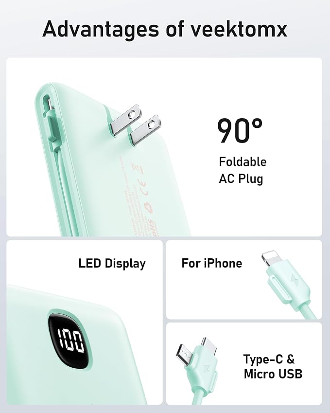 VEEKTOMX 10000mAh Portable Charger with Built-in Cables & Wall Plug | Fast Charging Slim USB-C Power Bank for iPhone, Samsung, iPad | 5 Outputs, Charges 4 Devices, ETL Certified, Cyan - Image 8