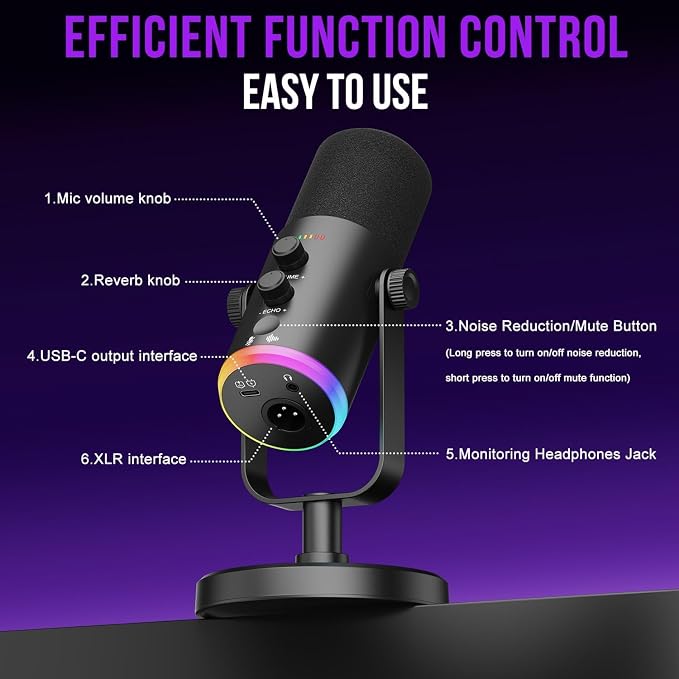 Dynamic Microphone, USB-C/XLR Podcast Recording PC Microphone for Podcast Recording Streaming Gaming with RGB Light, Mute Button, Desktop Stand, Headphones Jack, Vocal Mic for Singing Tiktok YouTube - Image 6
