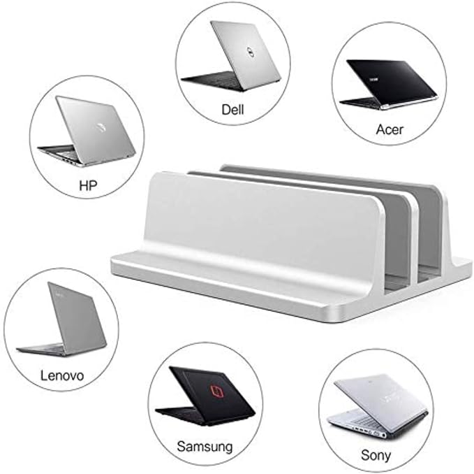 Universal Laptop Vertical Stand, Dual Desktop Adjustable Notebook Stand (up to 17.3 inches) for Samsung/HP/Dell/Chrome Book laptops (Silver) - Image 2
