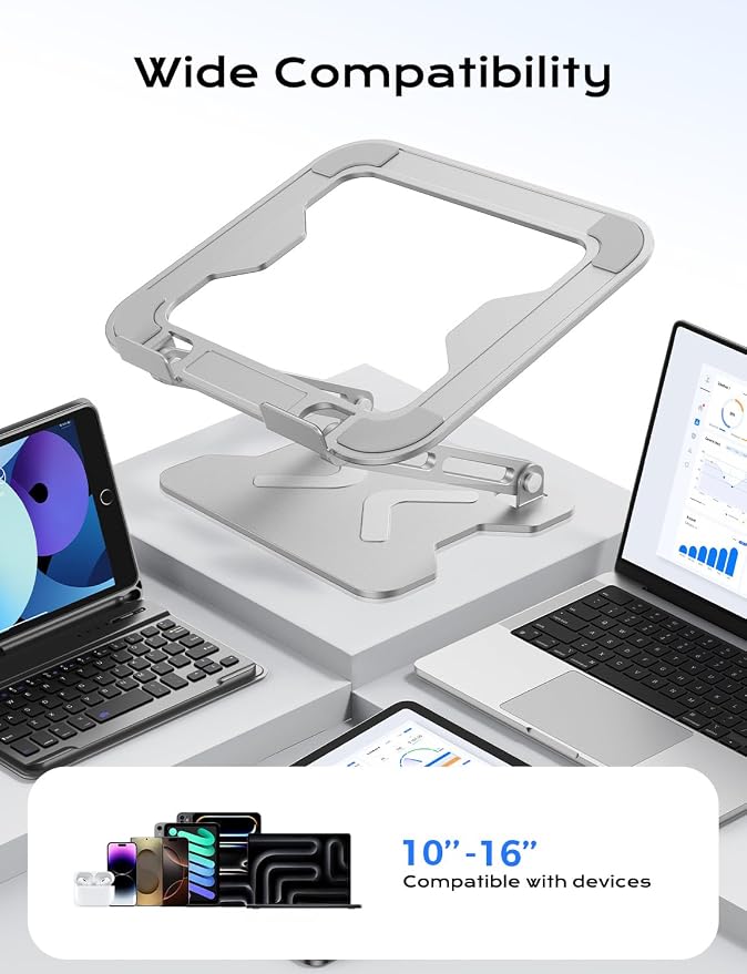 JCZT Adjustable Laptop Stand for Desk, Metal Foldable Laptop Riser, White | Ergonomic Portable Laptop Stand, Ventilated Cooling Computer Notebook Holder for MacBook Air Pro, All 10-16'' Laptops - Image 5