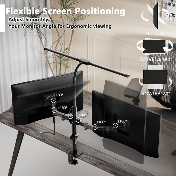 Dual Monitor Stand with LED Desk Lamp,Dual Monitor Mount for Desk Holds up to 30 Inches Screens, Supports 19.84 lbs per Monitor Arm, Swivel, Rotate and Tilt 2 Monitor Desk Mount - Image 3