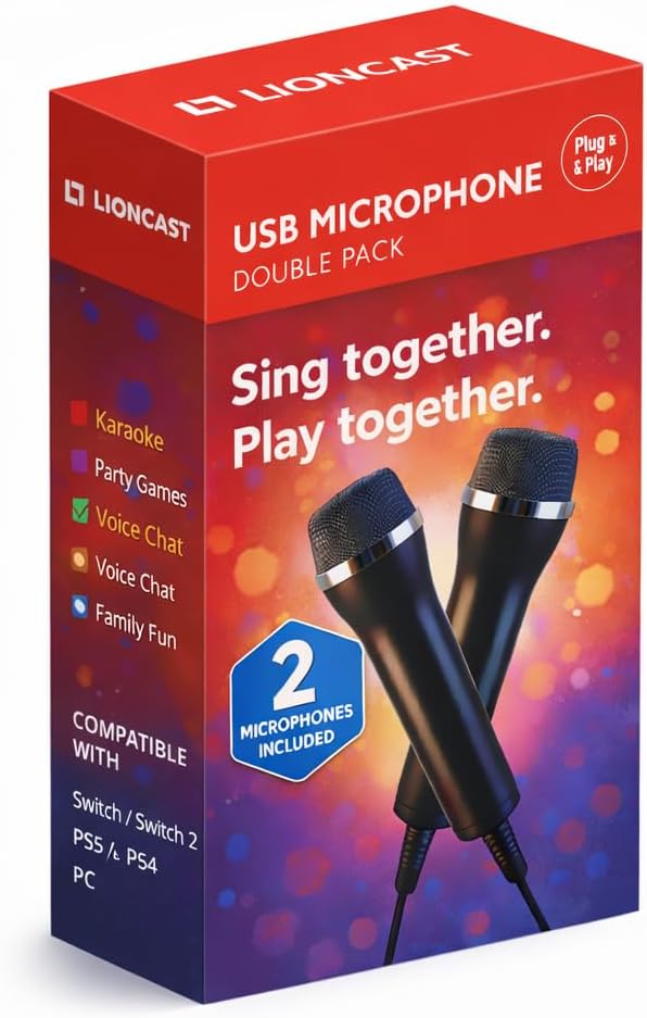 Lioncast Pair Of Universal USB Microphones Compatible with Computer and Karaoke Gaming; Compatible with Wii, PS5/Playstation 5, PS4 & PC Games as SingStar, Lets Sing, We Sing; 3m cable – Black by Lioncast