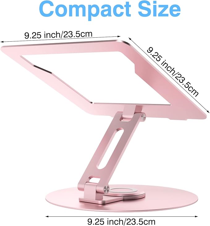 Swivel Laptop Stand for Desk, Adjustable Height Aluminum Computer Stand with 360 Rotating Base, Foldable Ergonomic Riser, Portable Laptop Holder Compatible with MacBook, All Laptops 10-17'', Pink - Image 8
