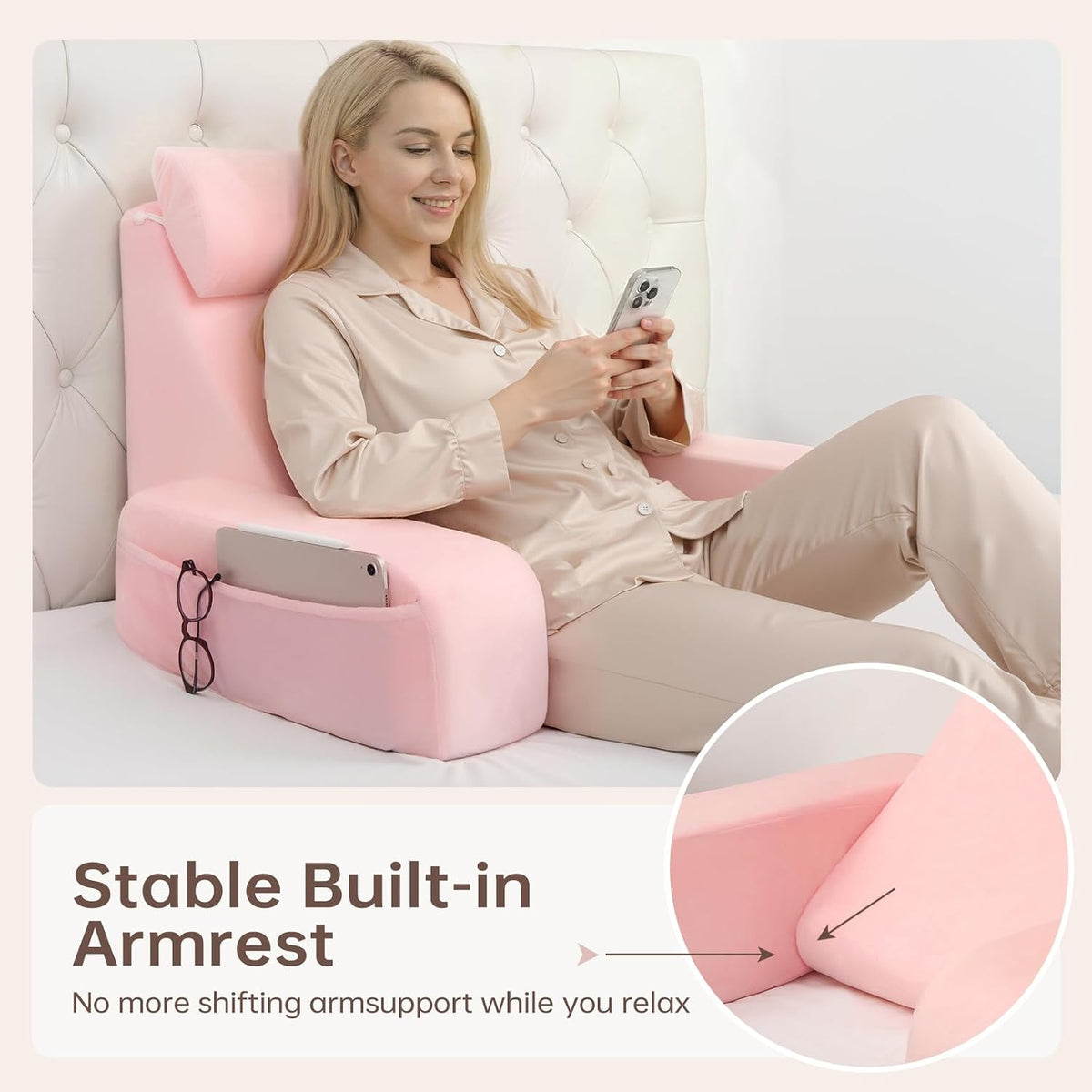 19" Reading Pillow for Bed with Firm Back Support & Big Pockets - Image 3