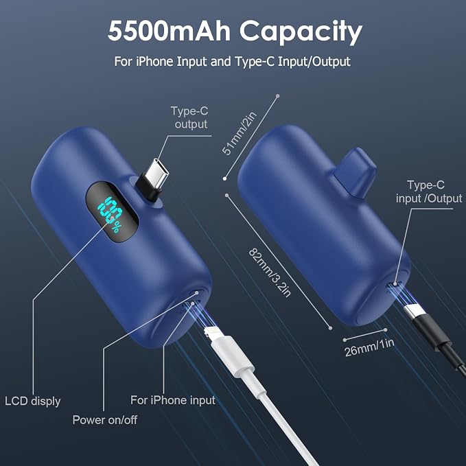 Mini Portable Charger USB C Power Bank,5500mAh PD Fast Charging Battery Pack Built-in USB-C Connector Travel Essential for iPhone17/17Pro/17Pro Max/Air/16 Plus/16Pro Max/15 Series,Android Blue - Image 5