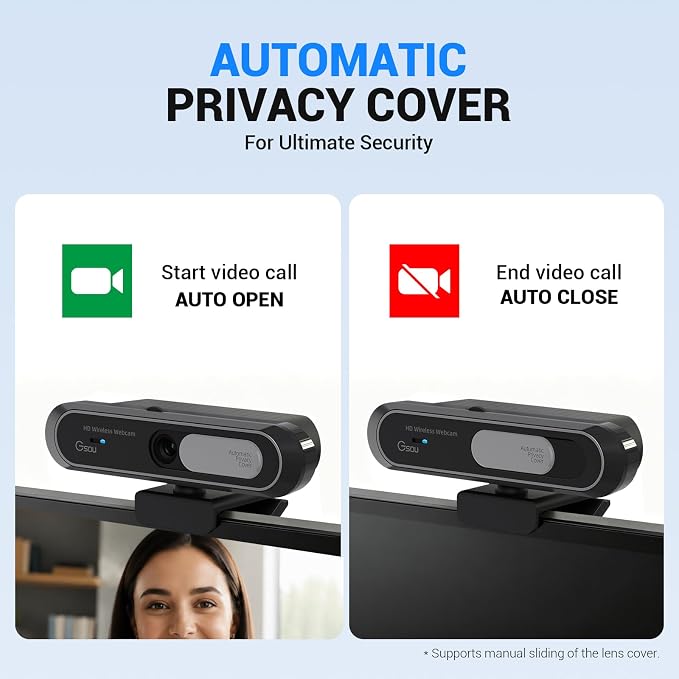 Gsou Wireless Webcam 1080P Full HD with Auto Electric Privacy Cover -2.4G Rechargeable Wireless Computer Camera with Manual Focus Ring, Half-Day Battery Life, Webcam for Streaming, Teams, Zoom, PC/Mac - Image 4