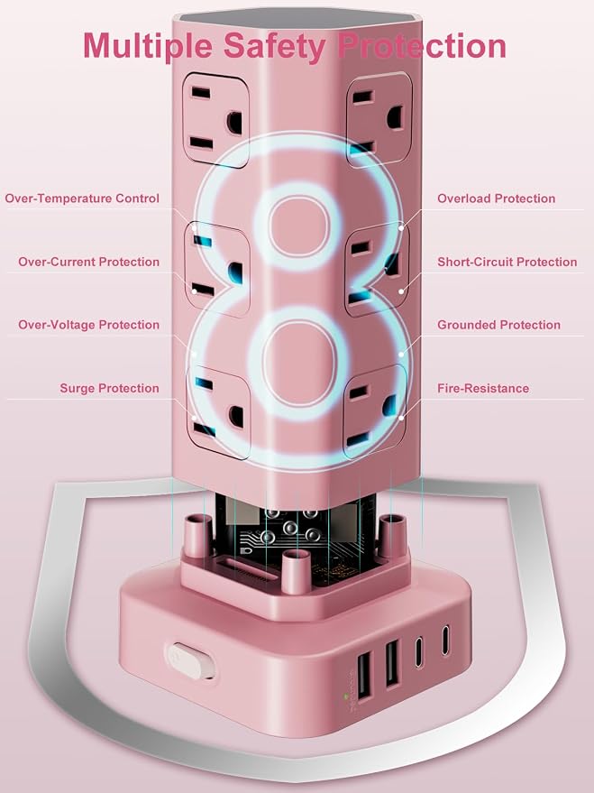 Power Strip Tower Surge Protector, 6FT Flat Plug Extension Cord with Multiple Outlets, 12 AC Outlets 4 USB (2 USB C), Desktop Charging Station with Surge Protection for Home Office Dorm Room, Pink - Image 6