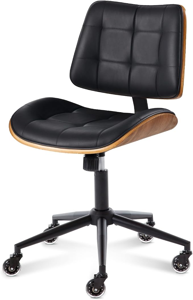 Home Office Desk Chair with Rubber Wheels, Armless Bentwood, Black | Adjustable Height Armless Office Chair, PU Leather Mid Back 360°Small Computer Chair, No Arms Walnut Seating, 300LBS Support - Image 8