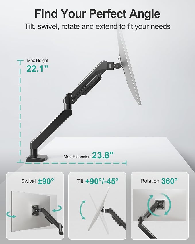 MOUNT PRO Ultrawide Single Monitor Arm for 22"- 42" Screens, Monitor Desk Mount Stand Holds up to 33 lbs, Heavy Duty Fully Adjustable Gas Spring Desk Mount, VESA Mount with Clamp/Grommet Base - Image 3