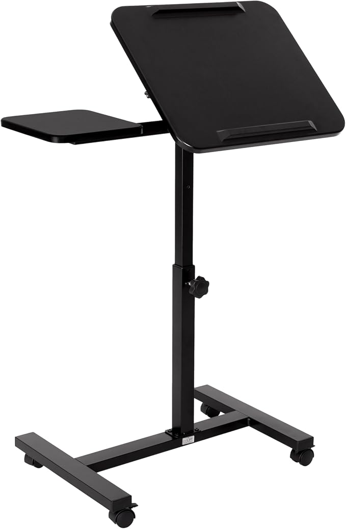 Seville Classics Airlift Height Adjustable Mobile Rolling Laptop Cart Computer Workstation Desk, Table for Home, Office, Classroom, Hospital, w/Wheels, Black, Tilt w/Side Table (28") (New Model) - Image 2