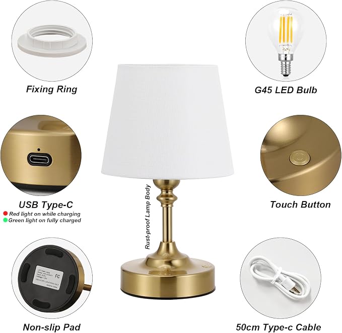 Kakanuo Mini Cordless Table Lamp Gold - 1 Pack 4000mAH Battery Operated Lamp for Decor, 3000K Stepless Dimming Touch Control Rechargeable Lamp for Bedroom, Dining Table, Counter, Living Room - Image 5