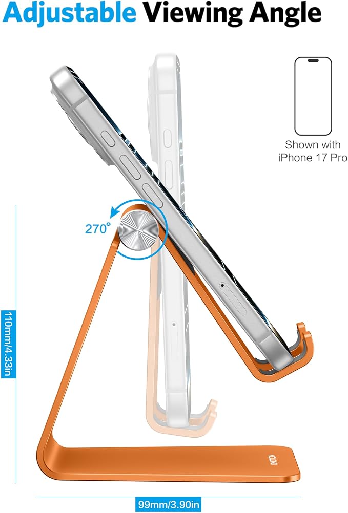 OMOTON Adjustable Cell Phone Stand, Aluminum Desktop Cellphone Stand with Anti-Slip Base and Convenient Charging Port, Fits All Smart Phones, Orange | Sturdy 3mm Aluminum, Charging Port, 270° Adjustable, Non-Slip Silicone Pads, Works with Thick Cases, ... - Image 4