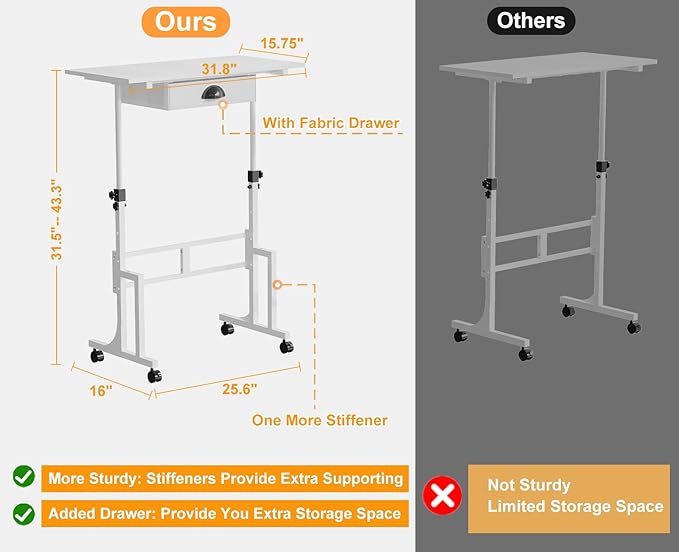 Cidaziya Adjustable Height Standing Desk for Walking Pad Treadmill, Portable Rolling Desk for Laptop with Drawer, Small Moblie Sit to Stand Desk On Wheels with Stiffener for Home Office Dorm Bedroom - Image 6