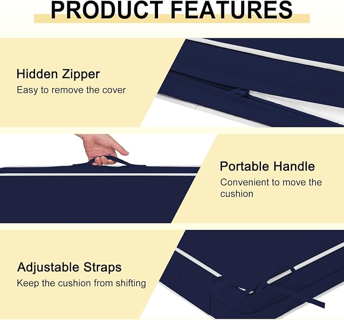 downluxe Waterproof Outdoor Chair Cushions Set of 2, 19" x 19" x 3" Patio Chair Cushion with Non-Slip Ties & Handle, Square Outdoor Cushion for Patio Furniture with Removable Cover, Navy/White - Image 5