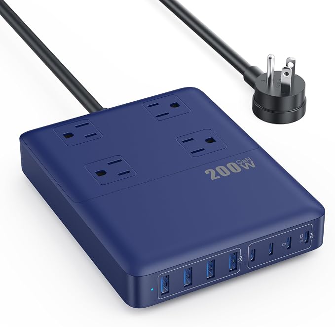 200W Charging Station,12-in-1 USB C Power Strip with Flat Plug and 5ft Extension Cord,4 AC Outlets,4 USB-A,4 USB-C Ports for iPhone 17/16/15,65W PD Fast Laptop Charger for MacBook,Home,Office (Blue) by Kioson