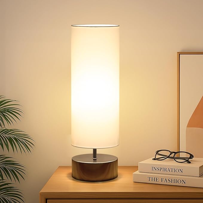 Touch Table Lamp, 3-Way Dimmable Bedside Lamp with Cylinder Fabric Shade | Modern Minimalist Accent Nightstand Desk Lamp, Night Light for Bedroom Living Room Kitchen, LED Bulb Included by Seasidevillage