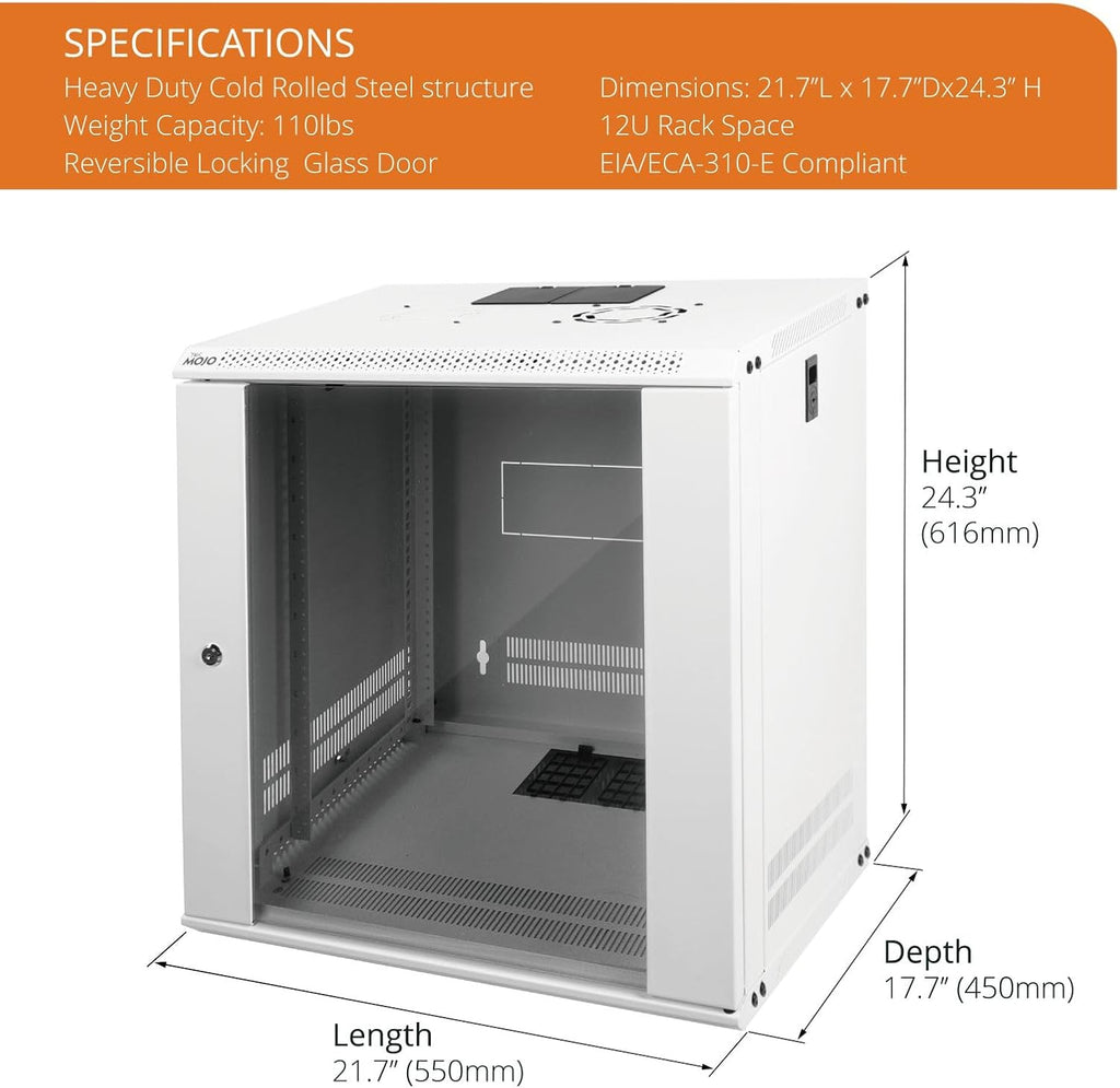 Tecmojo 12U Wall Mount Rack Network Cabinet for 19" IT Equipment,with Lockable Glass Door and Side Panels,Cooling Fan,17.7inch Depth,White - Image 2