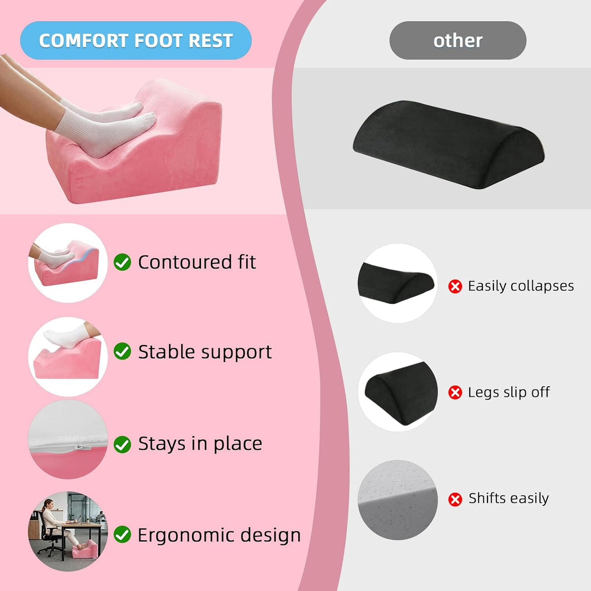 Foot Rest Ergonomic Pillow for Under Desk at Work & Handle Pink - Image 6