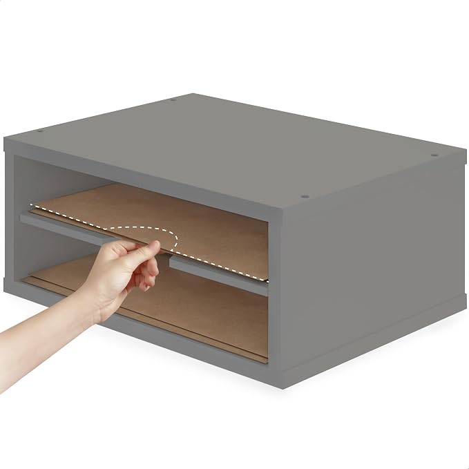 Ballucci File Organizer, 2-Tier Document Paper Sorter, Stackable Wood Desk Organizer Mail Holder, Monitor Stand with Storage Shelves, Gray - Image 4