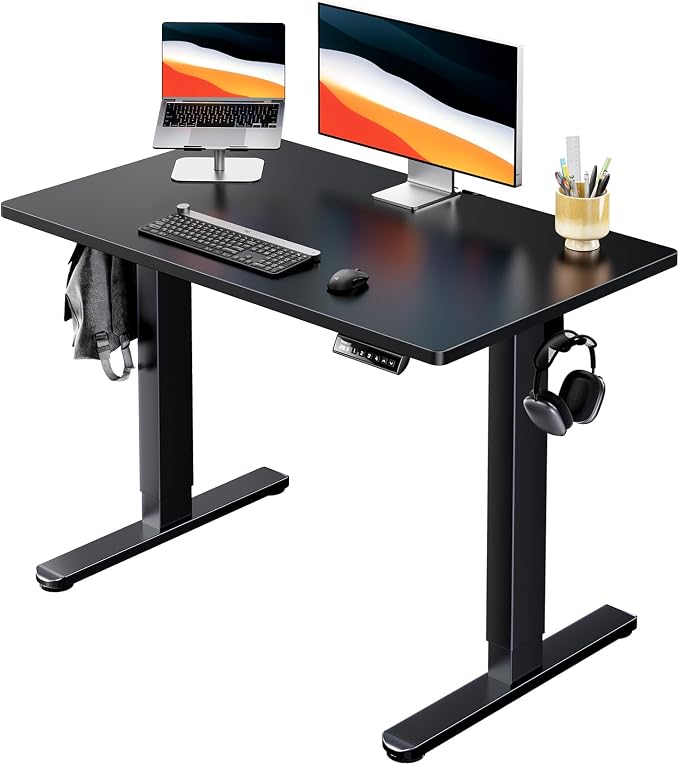 HUANUO Electric Standing Desk, Whole Piece Desktop, Adjustable Height Computer Desk, 4 Height Memory Settings, Sit Stand Up Desk for Home Office, 40" x 24", Black by HUANUO