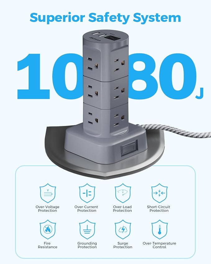 Charging Station Tower, Power Strips with Surge Protection, Flat Plug | 12 Outlets 4 USB Ports, 6Ft Extension Cord with Multiple Outlets, Office Desk Supplies, Dorm Essentials - Image 5