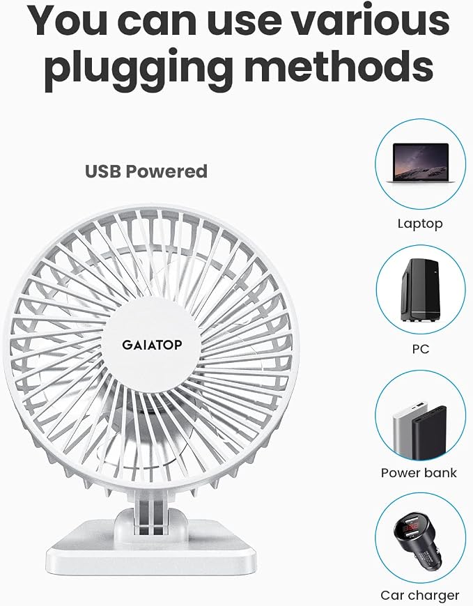Gaiatop USB Desk Fan, Personal Portable Quiet Small Table Desktop fan | Powerful Mini 3 Speeds, Adjustable Head, for Cooling Home Office Car Summer Travel Gifts White - Image 7