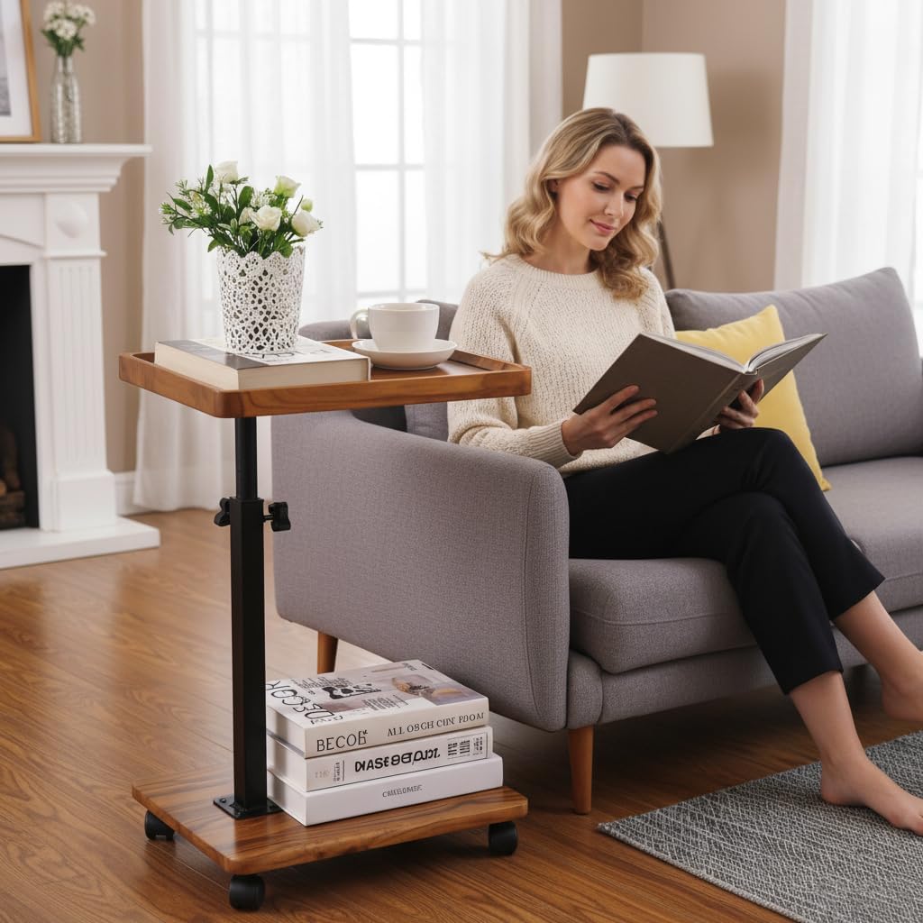 C Table End Table Adjustable Height,C Shaped End for Couch，Snack Tables,360°Swivel TV Tray Sofa Table,Tables that Slide Under,Coffee SideTable for Bed,Chair,Bath-tub,Outdoor(Walnut Color) - Image 7