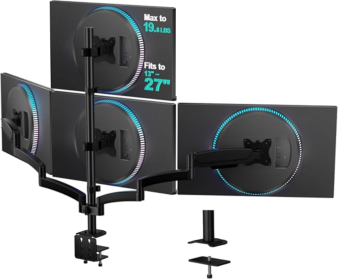 WALI Stacked 4 Monitor Mount for 13-27 inch Screens, 19.8 lbs per Arm | Tall Quad Monitor Stand for Desk, Full Motion with Tilt, Swivel, C-Clamp & Grommet Base, VESA 75/100mm (GSDM004S), Black by WALI