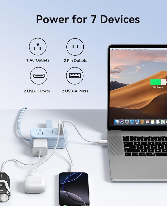 ORICO 65W GaN Travel Power Strip with Flat Plug and 4FT Extension Cord | 7-in-1 Charging Ports (3 AC Outlets/2 USB-A/2 USB-C), Fast Charger for MacBook Pro/Air, iPad Pro, iPhone 17/16/15- AP3 - Image 2