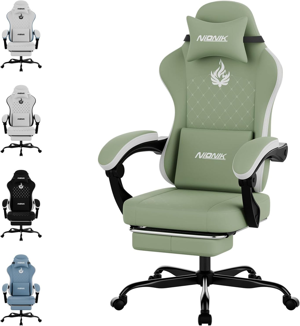 Gaming Chair with Massage,Ergonomic PC Gaming Chair Computer Chairs with Footrest Comfortable Headrest and Lumbar Support, High Back GREENWHITE by NIONIK