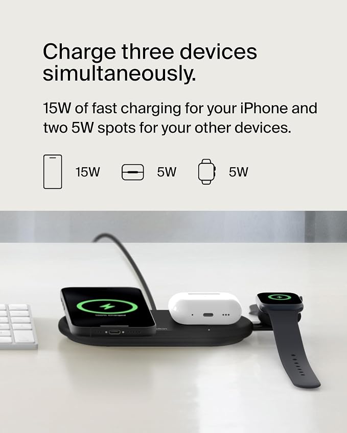 Belkin Qi2 15W Magnetic Wireless Charging Pad, 3 in 1 Fast Charger | MagSafe compatible, iPhone 17/16/15, AirPods, Apple Watch compatible, multi-device charging station, Magnetic - Image 3