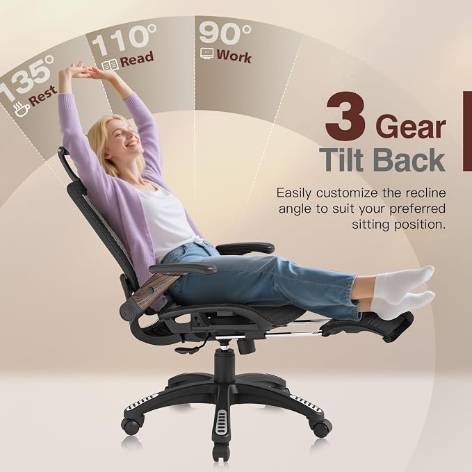 Ergonomic Office Chair with Footrest, High Back Mesh Computer Chair with Flip-Up Arm, 3D Headrest, 135° Reclining, Rolling Gaming Task Chair with Wide Seat Lumbar Support,300LBS - Image 5
