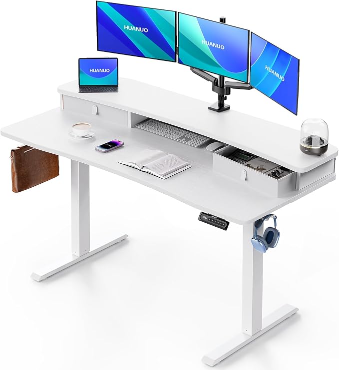 HUANUO 55″ x 26″ Electric Standing Desk with 2 Drawers, C-Clamp Mount Compatible, Height Adjustable Computer Desk, Home Office Stand Up Desk with 4 Preset Heights & 2 Hooks, White by HUANUO