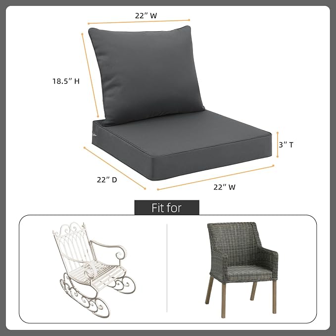 Favoyard Outdoor Patio Seat Cushions Set, 22x22 Inch, Waterproof, Dark Gray | Fade-Resistant, Removable Cover, Deep Seat & Back Cushion, Tie Straps for Patio Furniture, Garden, Rocking Chair, Sofa Couch - Image 2