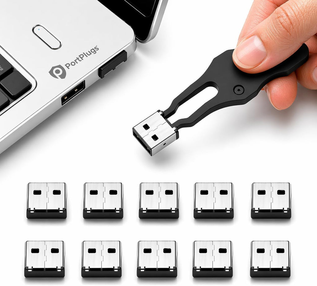 USB A Port Blockers 10 Pack, Two Point Zinc Alloy Locks, 1 Key, Black by PortPlugs