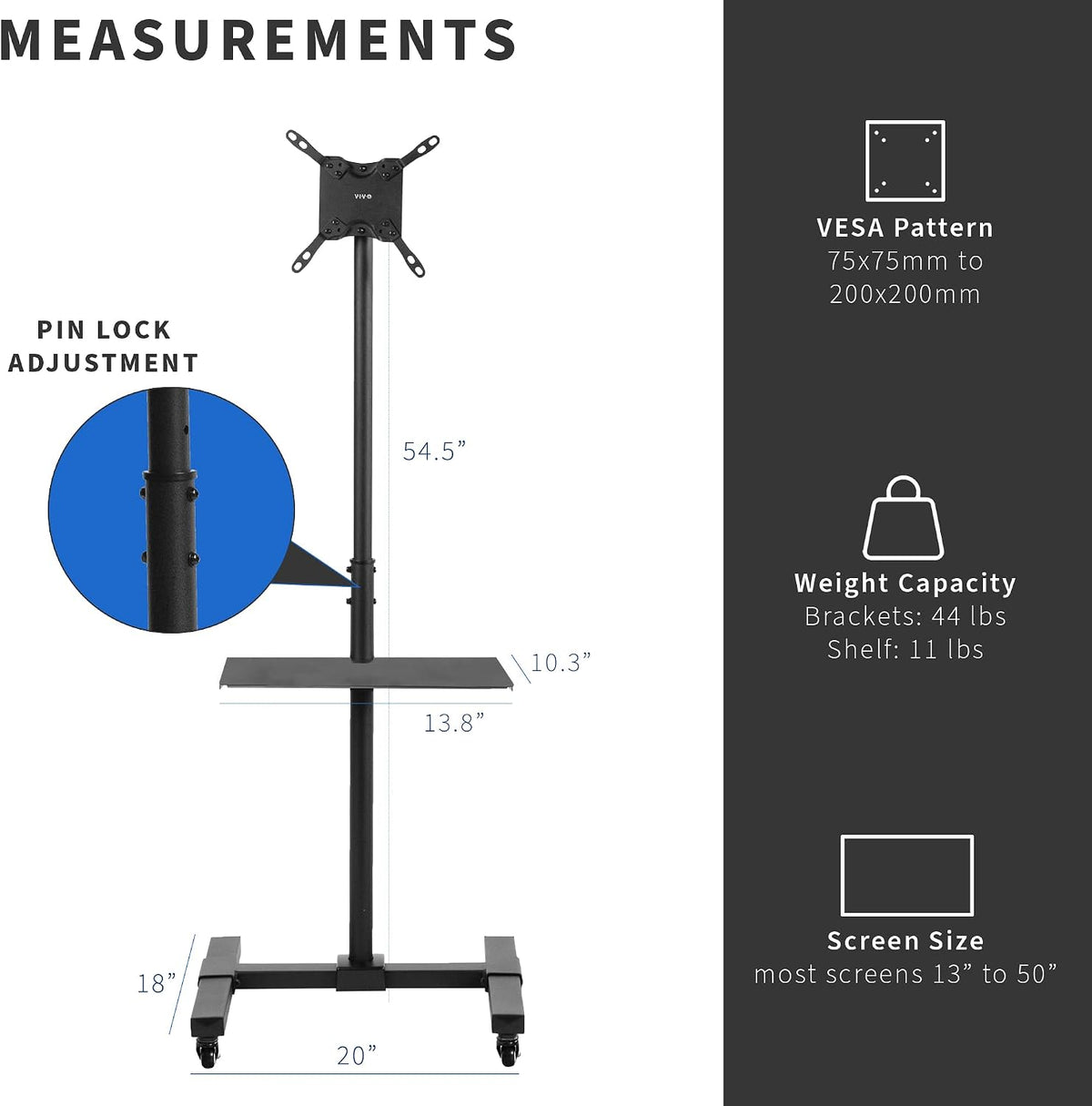 VIVO Height Adjustable TV Cart with Wheels & Shelf for 13-50 in Screens - Image 4