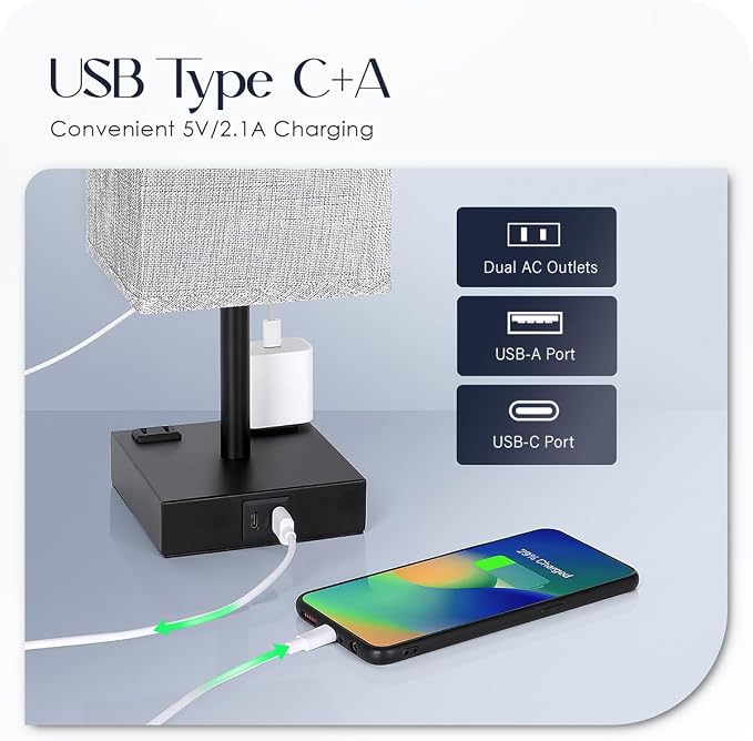 Bedside Table Lamps Set of 2 - Touch Nightstand Lamp for Bedroom with USB C+A Charging Ports & AC Outlets, 3-Way Dimmable Desk Lamp Grey Fabric Shade for Bedroom Living Room, Office(Bulb Included) - Image 4