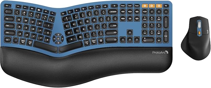 ProtoArc EKM01 Plus Wireless Ergonomic Keyboard Mouse Combo - Blue | Full-size Split Keyboard with Cushioned Wrist Rest, Ergonomic Mouse, 3-Device Bluetooth/2.4G, USB-C Rechargeable by ProtoArc