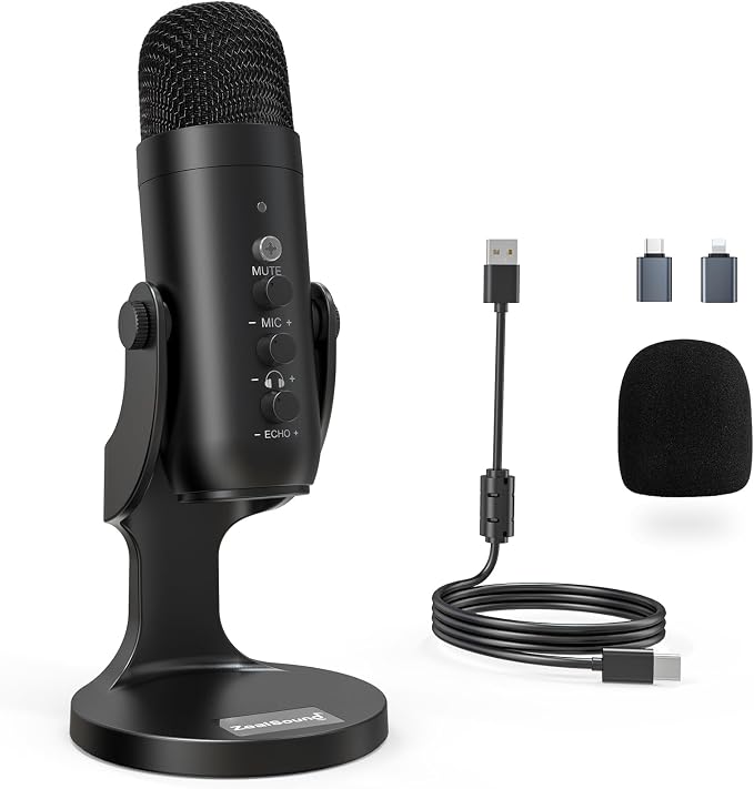 ZealSound Podcast Microphone for PC, Noise Cancellation USB Mic with Gain, Volume Adjustment & Mute Button, Monitoring & Echo, for YouTube, TikTok, Podcasting, Streaming, iPhone, iPad, Android, Mac by zealsound