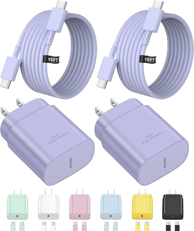 Type C Charger Fast Charging,USB C Charger,25W Samsung Super Fast Charger | for Samsung Galaxy S26/S25/S24/iPhone 17/16/15 Series,Android,with 10FT Extra Long USB C Cable (2-Pack with 2 Cable Purple) by NOVOBIT