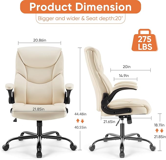 Sweetcrispy Home Office Desk Chairs, High Back PU Leather Chair | Heavy Duty, High Back, Flip-up Armrest, PU Leather, Height Adjustable, Rolling Wheels, Beige - Image 3