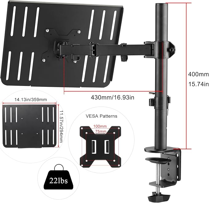 suptek Laptop Notebook Desk Mount Stand, Adjustable Single Monitor Laptop Arm Mount with Ventilated Tray,up to 17 inch,Holds up to 22 lbs - Image 3
