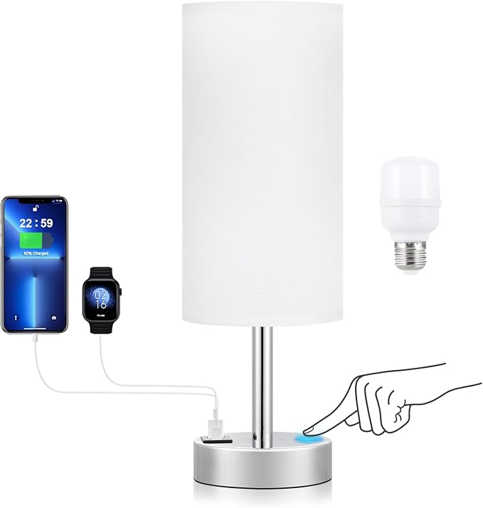 Small Touch Table Lamp for Bedroom - Bedside Desk Lamp for College Dorm | USB A+C Ports, 3-Way Dimmable, LED Bulb Included, White Fabric lampshade, Silver Metal Base, Compact 14" Night Stand Lamp by DicooolDirect
