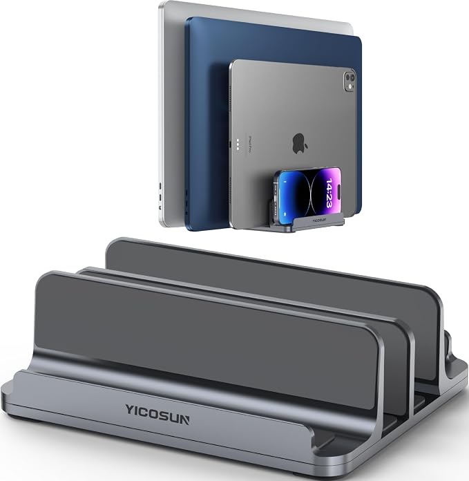 YICOSUN 4-Slot Aluminum Vertical Laptop Stand for Desk - Adjustable Width Dock for MacBook, Surface, Samsung, HP, Dell up to 17.3 inches - Space-Saving & Protective Design - Gray by DeliveringDesktopFashion