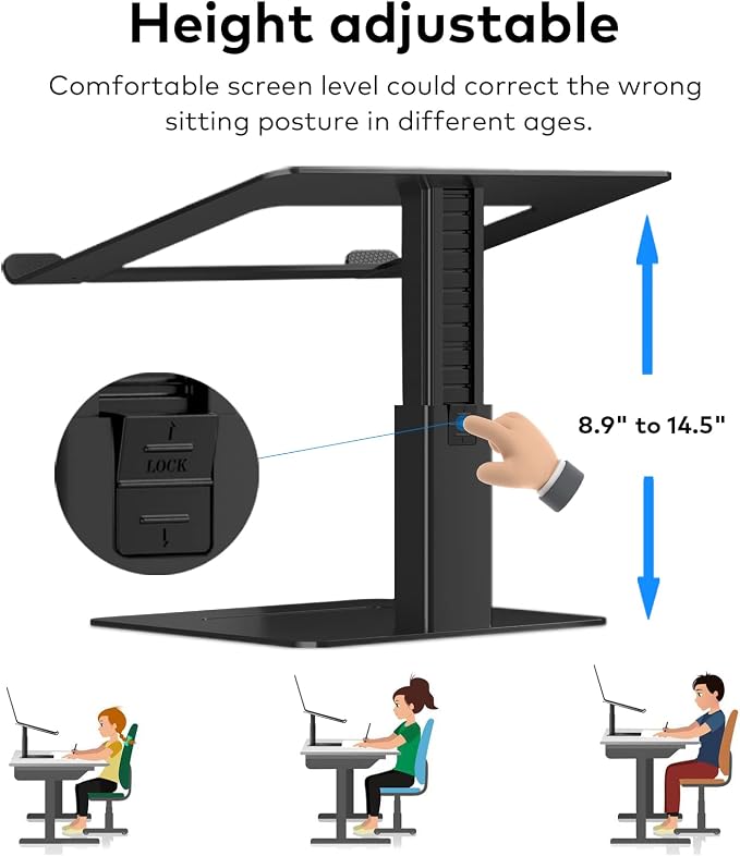 Laptop Stand for Desk, Ergonomic Aluminum Laptop Stand Adjustable Height from 7-15", Sitting and Standing Laptop Riser for 10-17" Notebook - Image 3