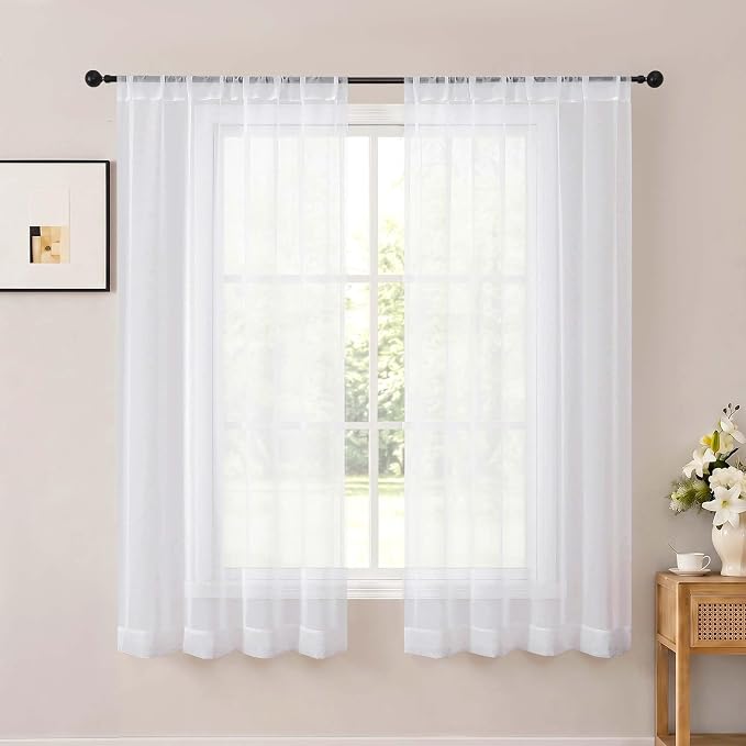 White Sheer Curtains 63 Inch Length for Living Room 2 Panels Set | Light Filtering, Rod Pocket, Soft Airy Voile Sheer, Bedroom Window Treatments, Airy Soft Fabric,2 Pcs Each 42"W X 63"L by OWENIE