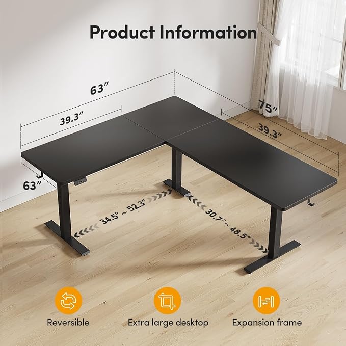 Cubiker 75 * 63" L Shaped Standing Desk, Reversible Corner Standing Desk, Suitable for Home Office, Black - Image 2