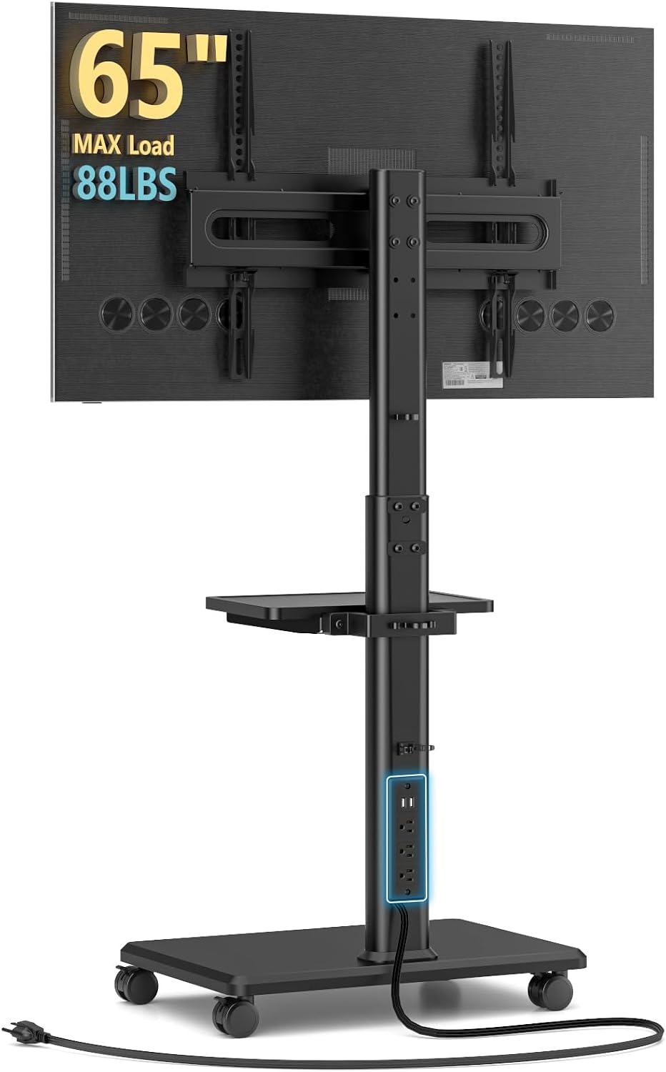 Mobile TV Stand with Power Outlets&Shelf, Floor Portable TV Stand with Wheels for 27-65Inch LCD LED OLED Flat/Curved Panel Screen, Swivel,Height Adjustable&Wood Base, RollingTV Cart Black by AX WABER